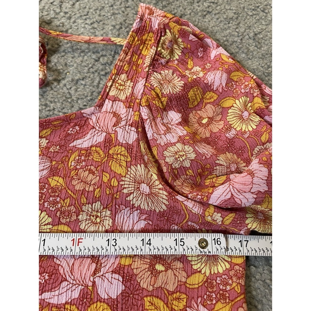 Babydoll Tiered Floral Mini Dress Sz M Orange Yellow Balloon Sleeve Beach Boho - Picture 8 of 13